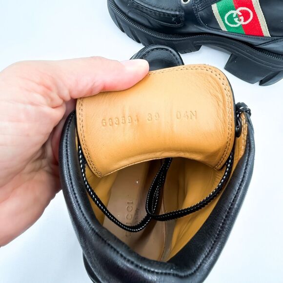 Gucci GG Web Stripe Lug Sole Black Leather Quebec Combat Boots Size 39, 9 - Picture 9 of 12